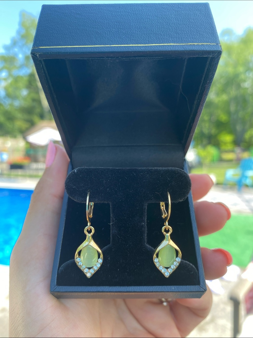 Gold-Tone Green Stone Drop Earrings with Crystal Accents